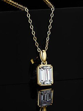 14K Yellow Gold 1ct Moissanite Emerald Cut Solitaire Pendant Necklace S925